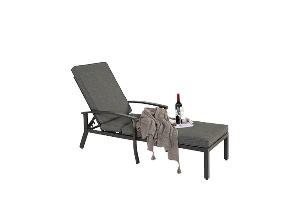 Chaise longue de jardin 1 pièce avec coussin gris imperméable en coton inclinable et réglable structure aluminium antirouille transat piscine extérieur