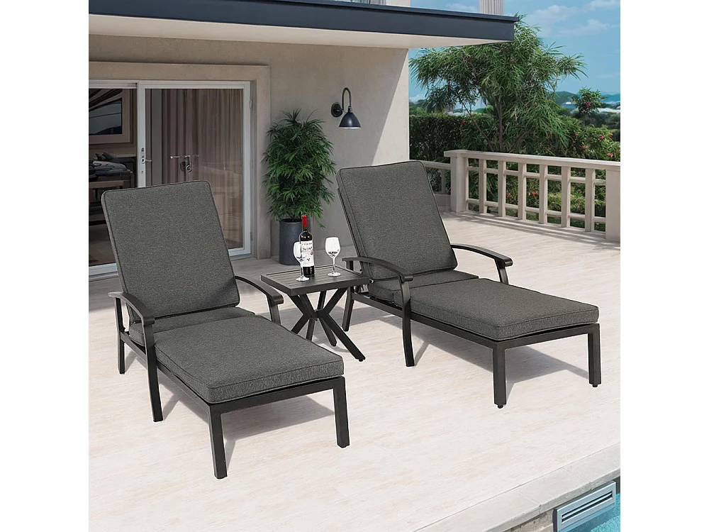 Chaise longue de jardin 1 pièce avec coussin gris imperméable en coton inclinable et réglable structure aluminium antirouille transat piscine extérieur