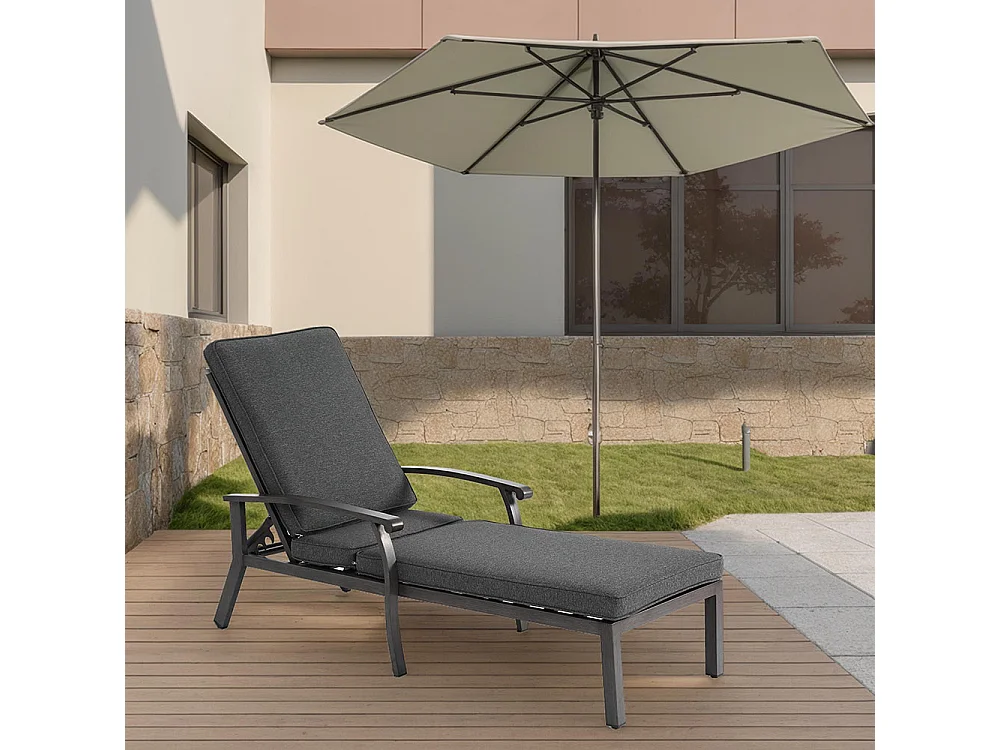 Chaise longue de jardin 1 pièce avec coussin gris imperméable en coton inclinable et réglable structure aluminium antirouille transat piscine extérieur
