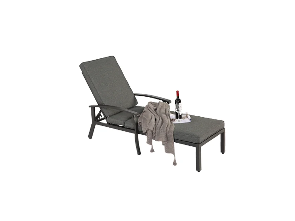 Chaise longue de jardin 1 pièce avec coussin gris imperméable en coton inclinable et réglable structure aluminium antirouille transat piscine extérieur