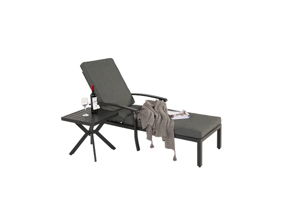 Chaise longue de jardin 1 pièce avec coussin gris imperméable en coton inclinable et réglable structure aluminium antirouille transat piscine extérieur