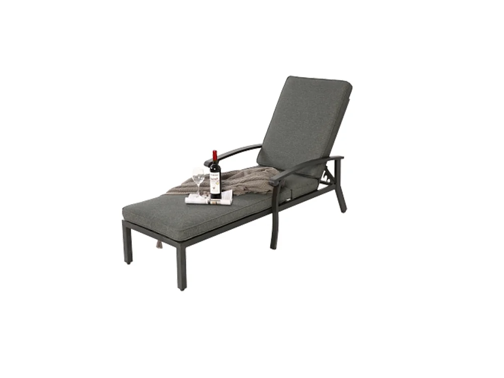 Chaise longue de jardin 1 pièce avec coussin gris imperméable en coton inclinable et réglable structure aluminium antirouille transat piscine extérieur