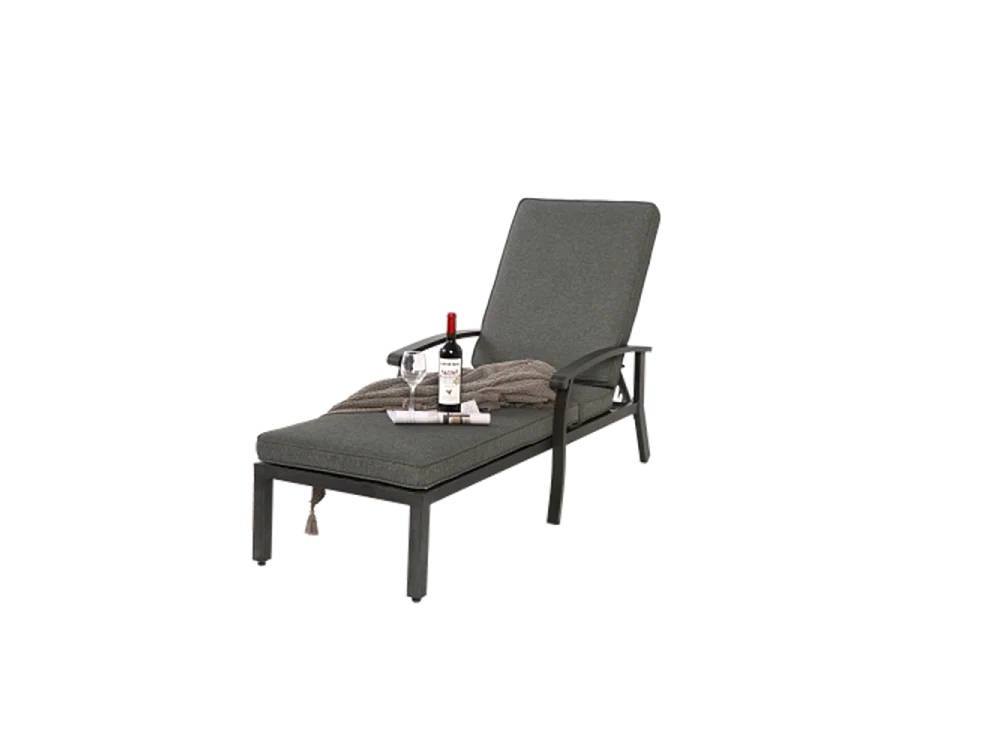 Chaise longue de jardin 1 pièce avec coussin gris imperméable en coton inclinable et réglable structure aluminium antirouille transat piscine extérieur
