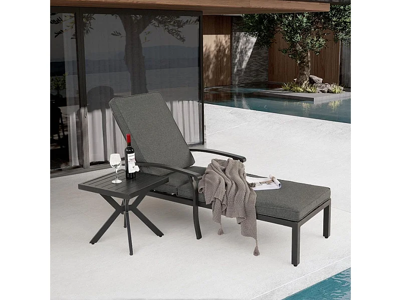 Chaise longue de jardin 1 pièce avec coussin gris imperméable en coton inclinable et réglable structure aluminium antirouille transat piscine extérieur