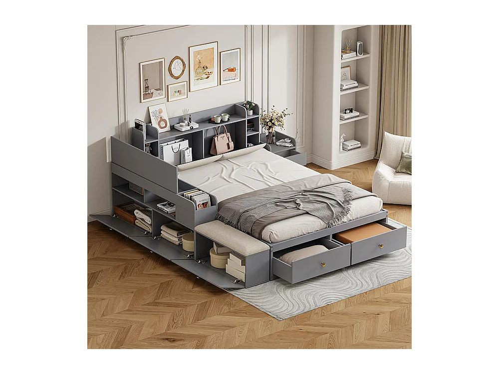 Lit combiné 140×200 en bois massif gris avec tête de lit à compartiment intégré tiroirs table de nuit armoire longue de rangement et banquette pratique