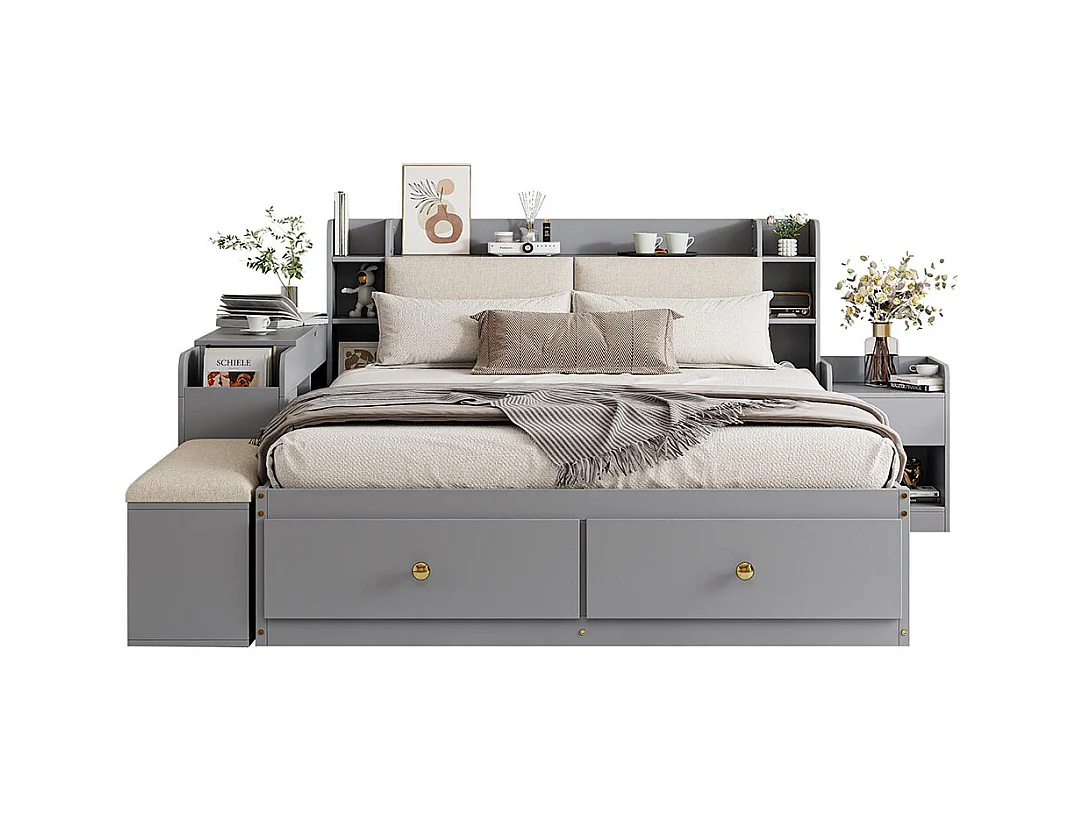 Lit combiné 140×200 en bois massif gris avec tête de lit à compartiment intégré tiroirs table de nuit armoire longue de rangement et banquette pratique