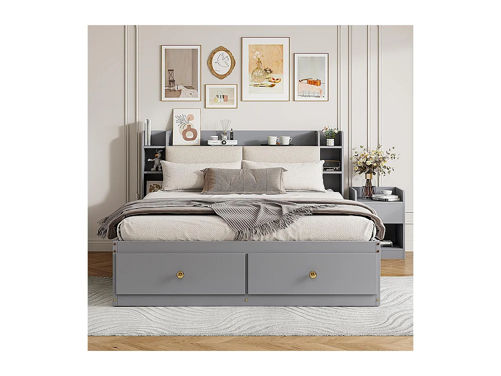 Lit combiné 140×200 en bois massif gris avec tête de lit à compartiment intégré tiroirs table de nuit armoire longue de rangement et banquette pratique
