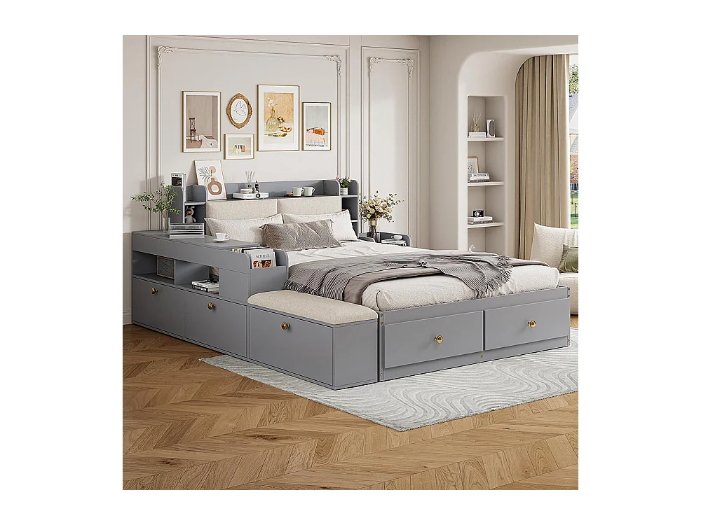 Lit combiné 140×200 en bois massif gris avec tête de lit à compartiment intégré tiroirs table de nuit armoire longue de rangement et banquette pratique