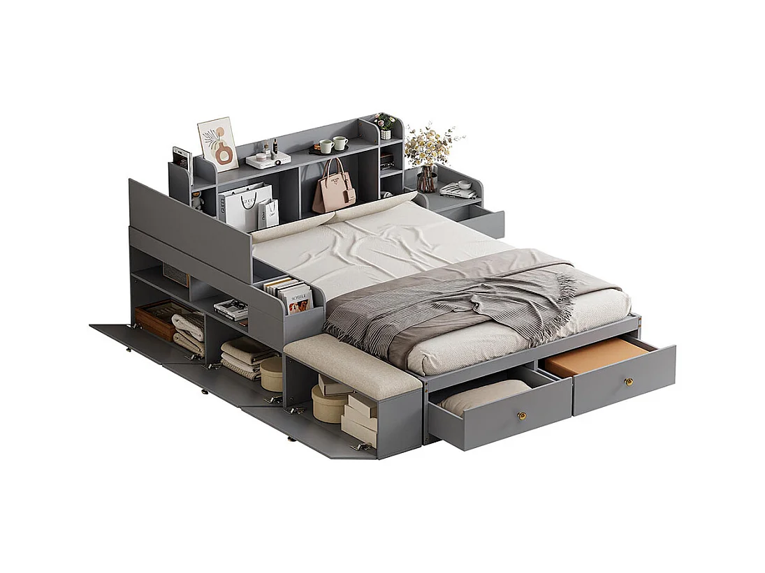 Lit combiné 140×200 en bois massif gris avec tête de lit à compartiment intégré tiroirs table de nuit armoire longue de rangement et banquette pratique
