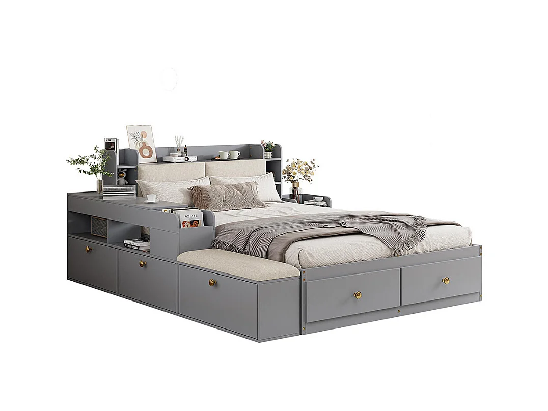 Lit combiné 140×200 en bois massif gris avec tête de lit à compartiment intégré tiroirs table de nuit armoire longue de rangement et banquette pratique