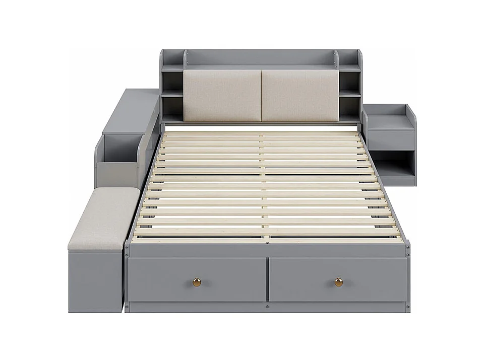 Lit combiné 140×200 en bois massif gris avec tête de lit à compartiment intégré tiroirs table de nuit armoire longue de rangement et banquette pratique