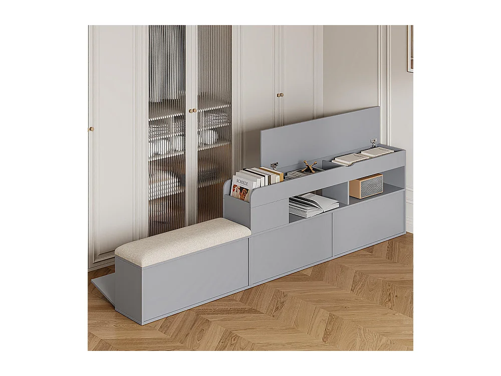 Lit combiné 140×200 en bois massif gris avec tête de lit à compartiment intégré tiroirs table de nuit armoire longue de rangement et banquette pratique