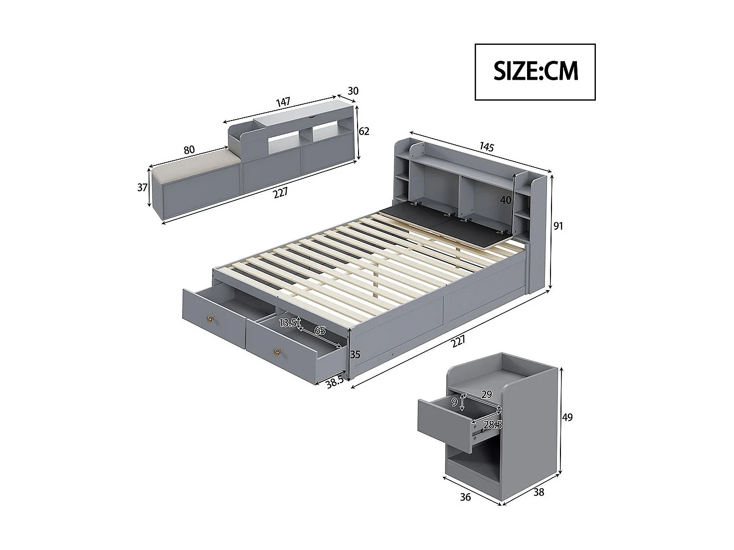Lit combiné 140×200 en bois massif gris avec tête de lit à compartiment intégré tiroirs table de nuit armoire longue de rangement et banquette pratique