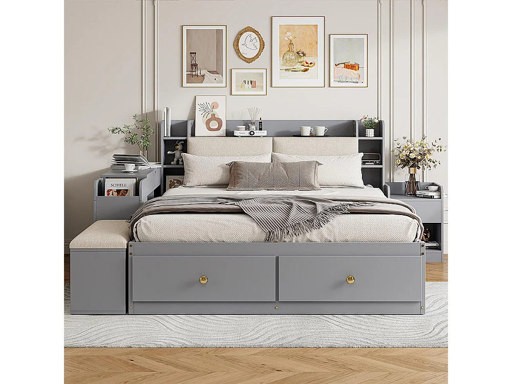 Lit combiné 140×200 en bois massif gris avec tête de lit à compartiment intégré tiroirs table de nuit armoire longue de rangement et banquette pratique