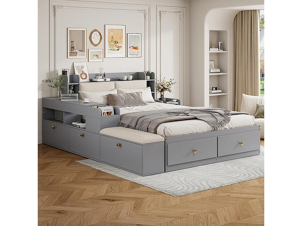 Lit combiné 140×200 en bois massif gris avec tête de lit à compartiment intégré tiroirs table de nuit armoire longue de rangement et banquette pratique