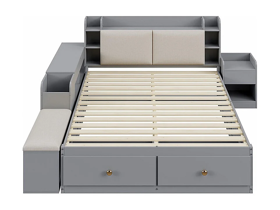 Lit combiné 140×200 en bois massif gris avec tête de lit à compartiment intégré tiroirs table de nuit armoire longue de rangement et banquette pratique