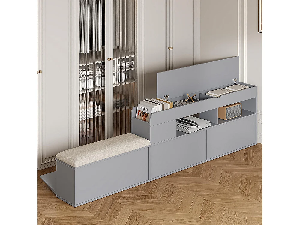 Lit combiné 140×200 en bois massif gris avec tête de lit à compartiment intégré tiroirs table de nuit armoire longue de rangement et banquette pratique
