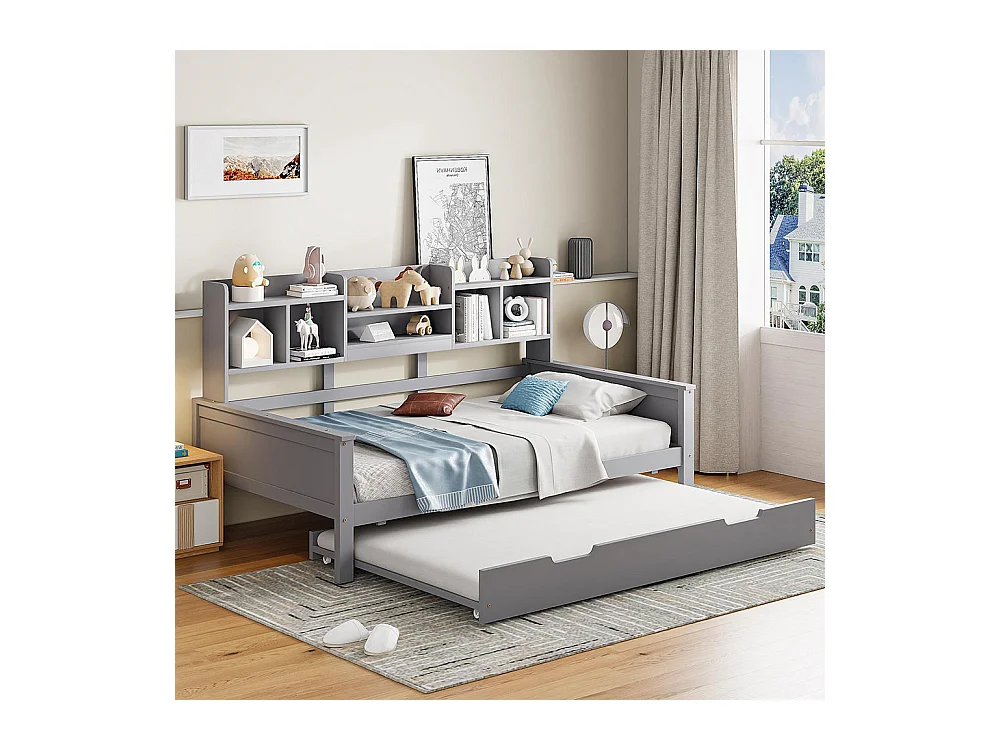 Lit combine extensible 90×200 en bois massif lit extensible 90×190 avec compartiment de rangement et sommier à lattes pin gris