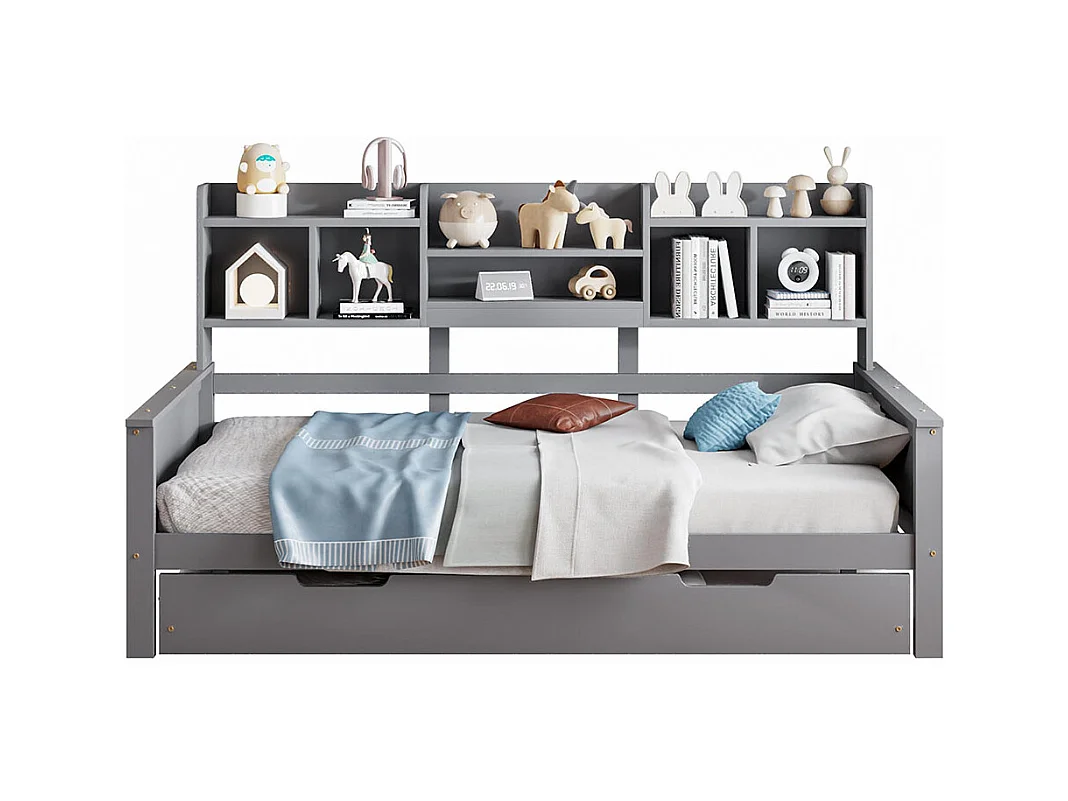 Lit combine extensible 90×200 en bois massif lit extensible 90×190 avec compartiment de rangement et sommier à lattes pin gris