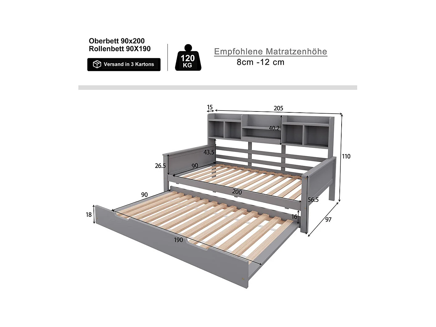 Lit combine extensible 90×200 en bois massif lit extensible 90×190 avec compartiment de rangement et sommier à lattes pin gris