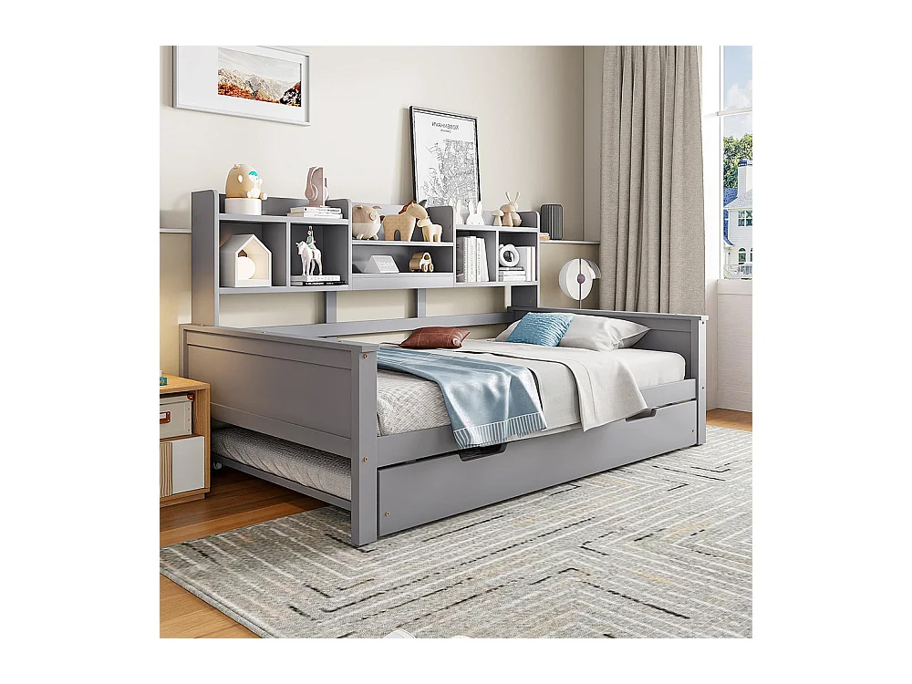 Lit combine extensible 90×200 en bois massif lit extensible 90×190 avec compartiment de rangement et sommier à lattes pin gris