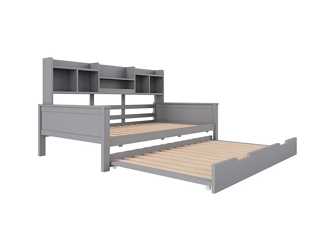 Lit combine extensible 90×200 en bois massif lit extensible 90×190 avec compartiment de rangement et sommier à lattes pin gris