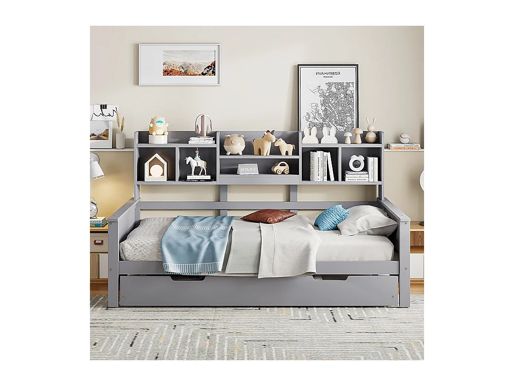 Lit combine extensible 90×200 en bois massif lit extensible 90×190 avec compartiment de rangement et sommier à lattes pin gris