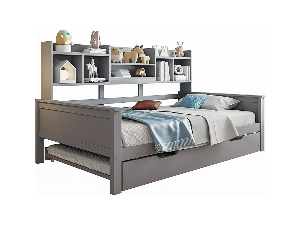 Lit combine extensible 90×200 en bois massif lit extensible 90×190 avec compartiment de rangement et sommier à lattes pin gris