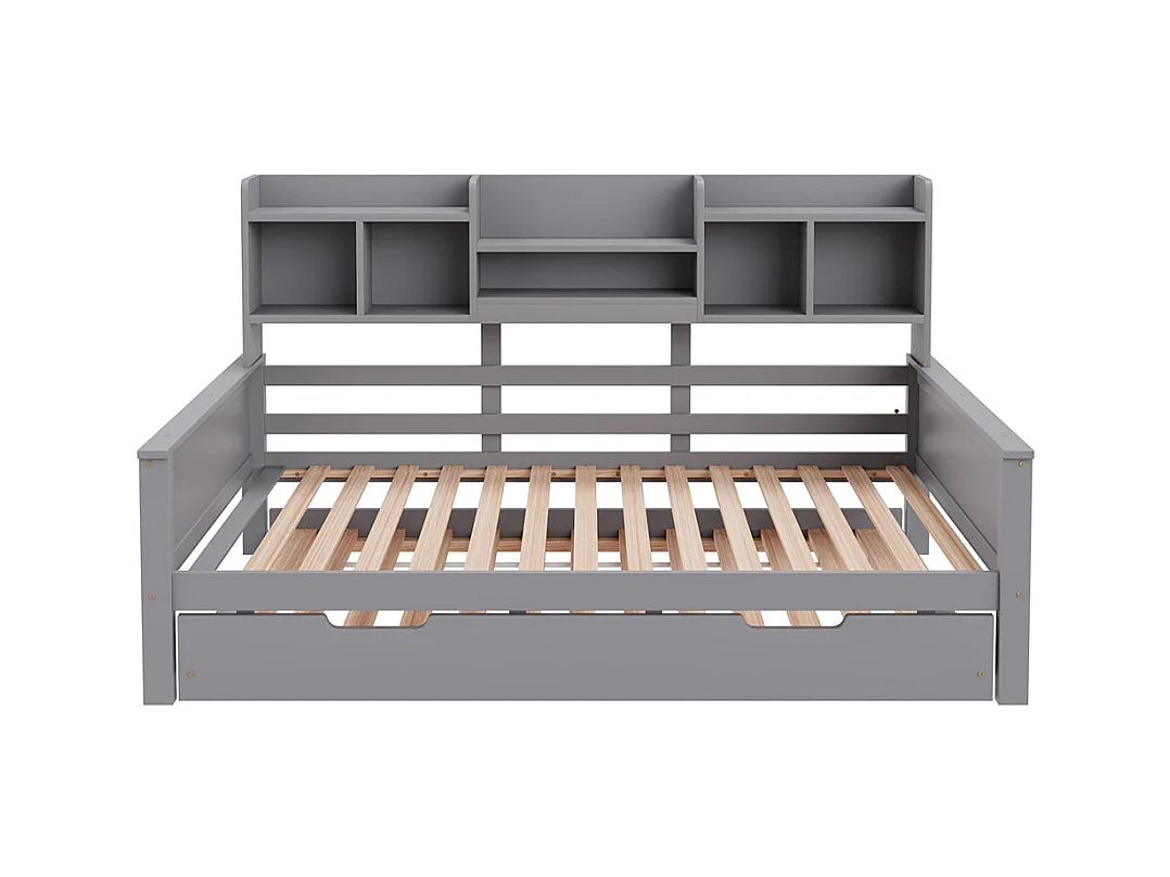 Lit combine extensible 90×200 en bois massif lit extensible 90×190 avec compartiment de rangement et sommier à lattes pin gris