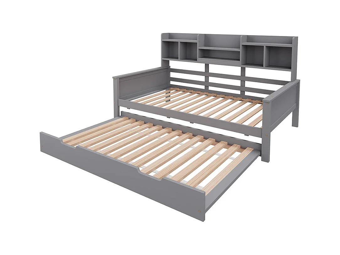 Lit combine extensible 90×200 en bois massif lit extensible 90×190 avec compartiment de rangement et sommier à lattes pin gris