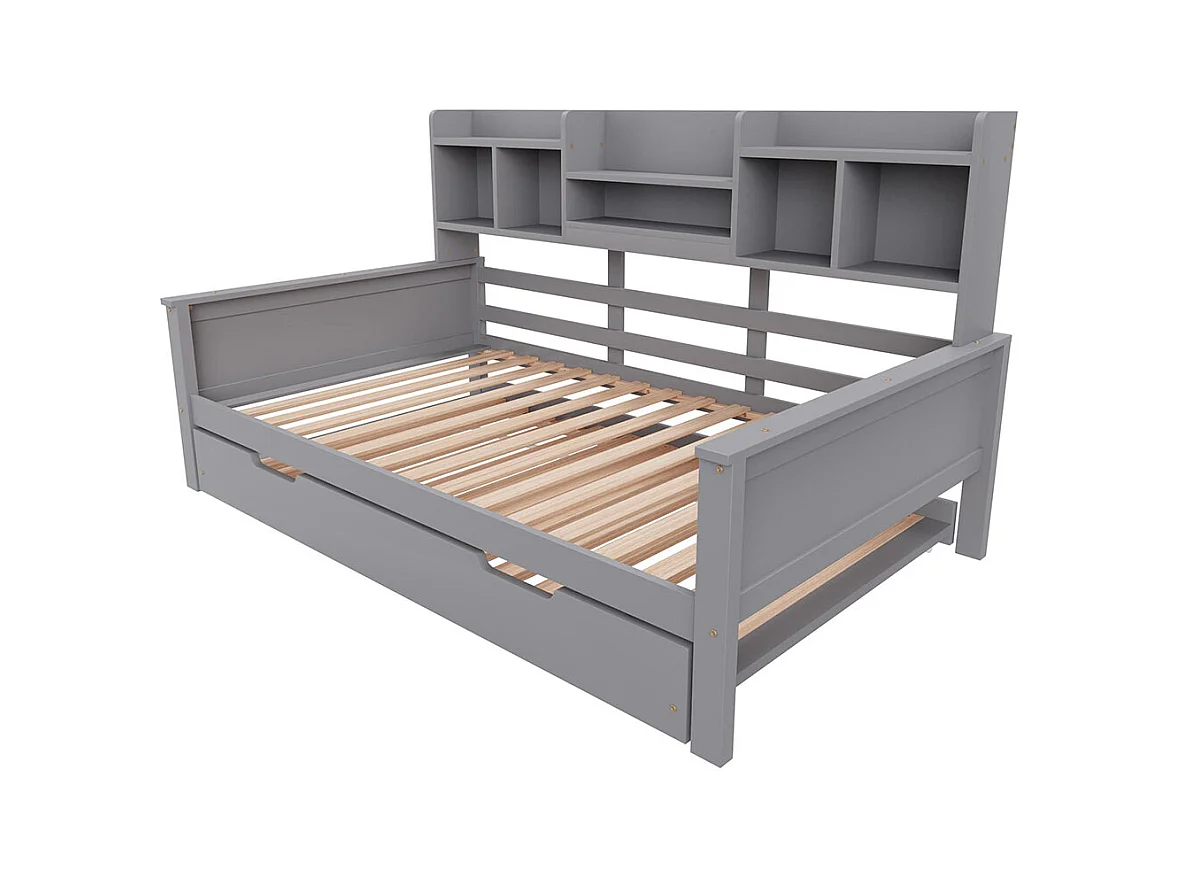 Lit combine extensible 90×200 en bois massif lit extensible 90×190 avec compartiment de rangement et sommier à lattes pin gris