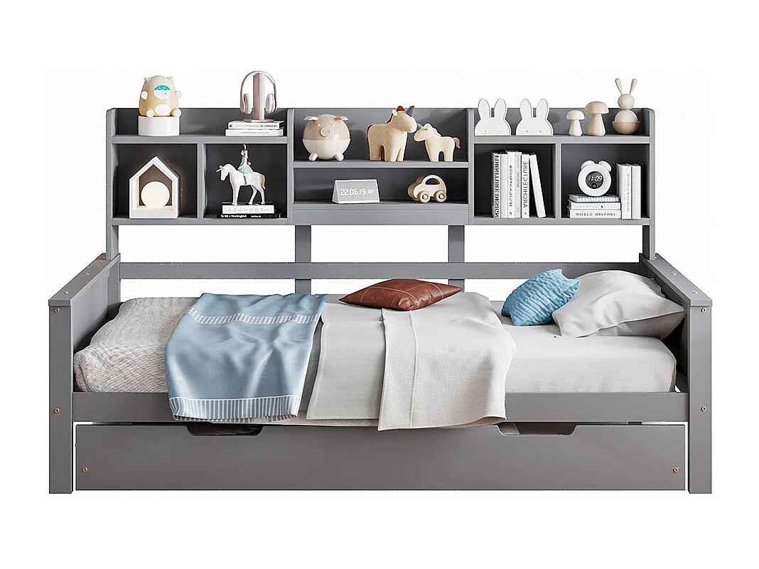 Lit combine extensible 90×200 en bois massif lit extensible 90×190 avec compartiment de rangement et sommier à lattes pin gris