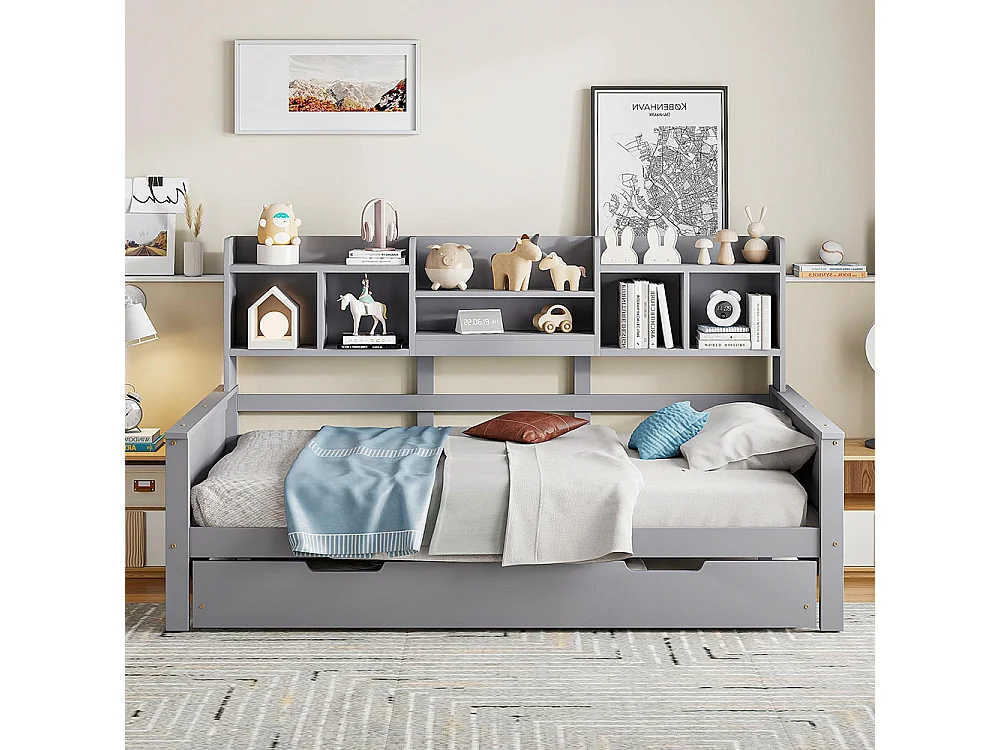 Lit combine extensible 90×200 en bois massif lit extensible 90×190 avec compartiment de rangement et sommier à lattes pin gris