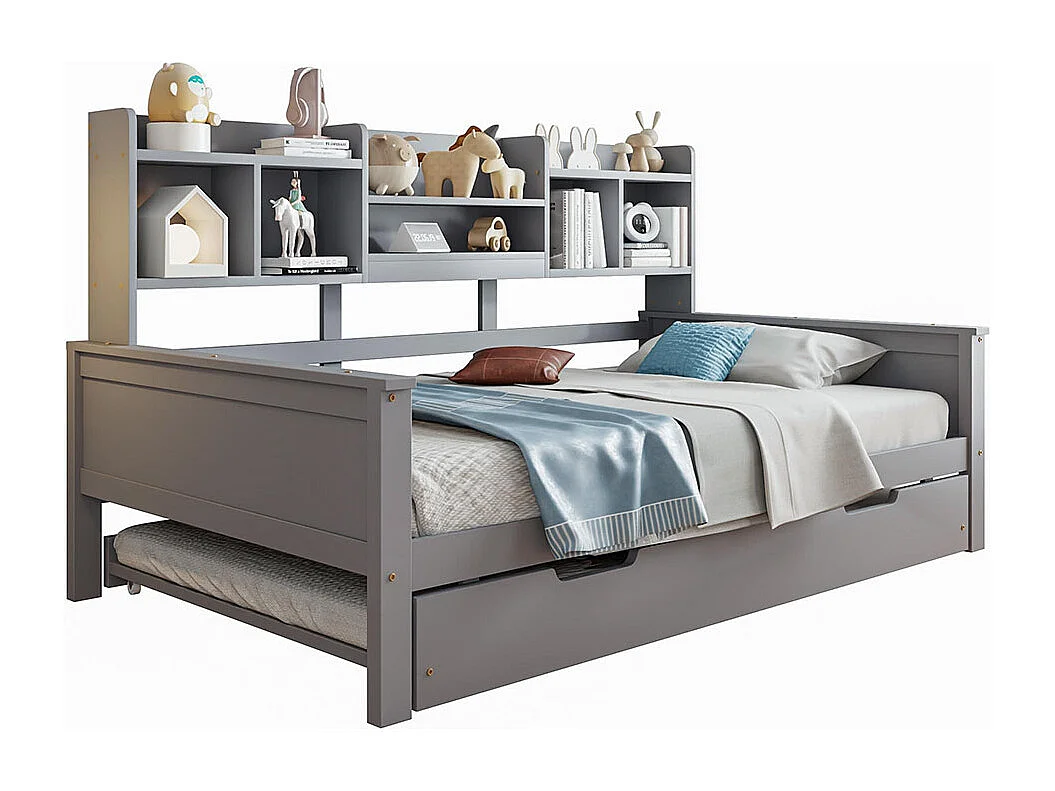 Lit combine extensible 90×200 en bois massif lit extensible 90×190 avec compartiment de rangement et sommier à lattes pin gris