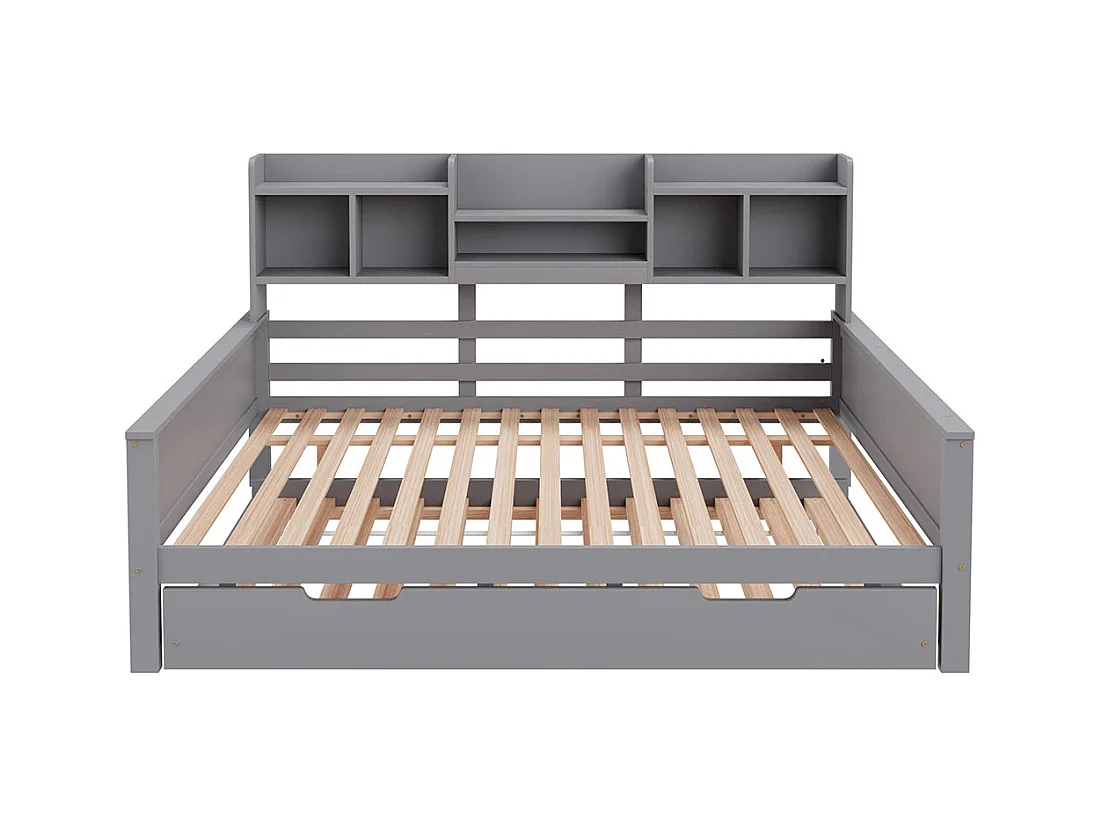 Lit combine extensible 140×200 en bois massif lit extensible 90×190 avec compartiment de rangement et sommier à lattes pin gris