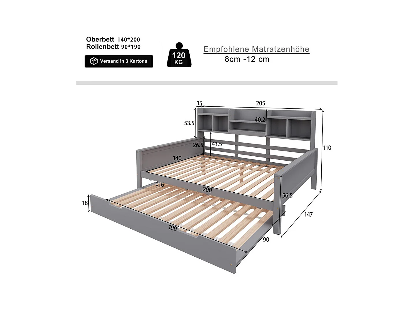 Lit combine extensible 140×200 en bois massif lit extensible 90×190 avec compartiment de rangement et sommier à lattes pin gris