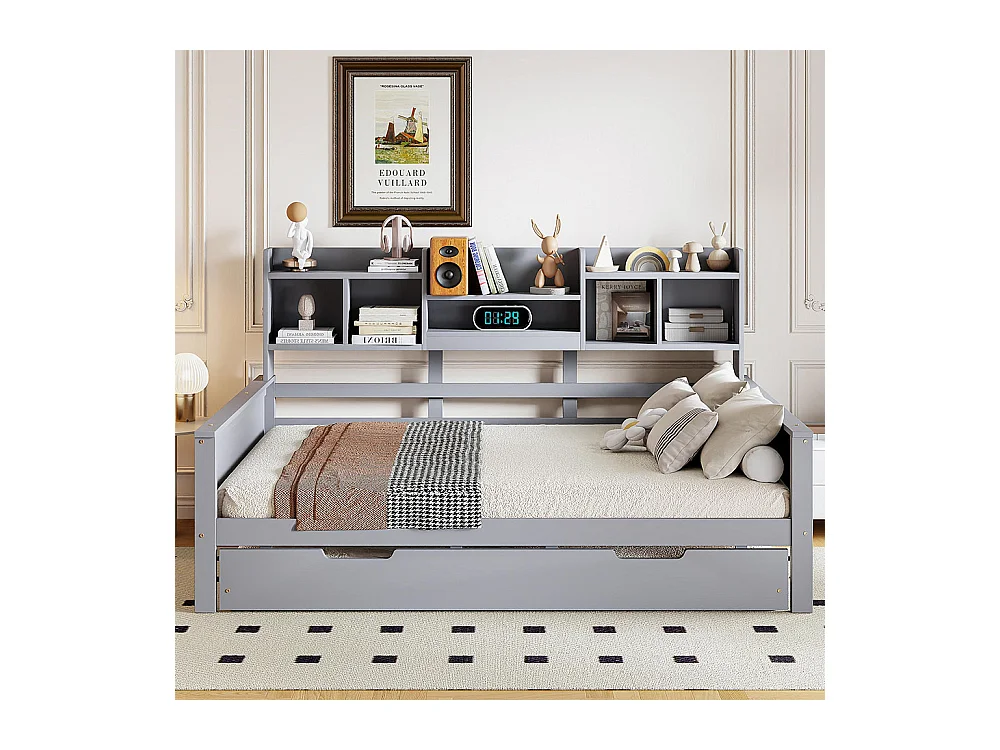 Lit combine extensible 140×200 en bois massif lit extensible 90×190 avec compartiment de rangement et sommier à lattes pin gris