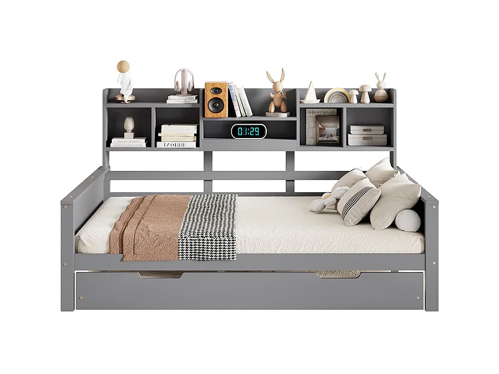 Lit combine extensible 140×200 en bois massif lit extensible 90×190 avec compartiment de rangement et sommier à lattes pin gris