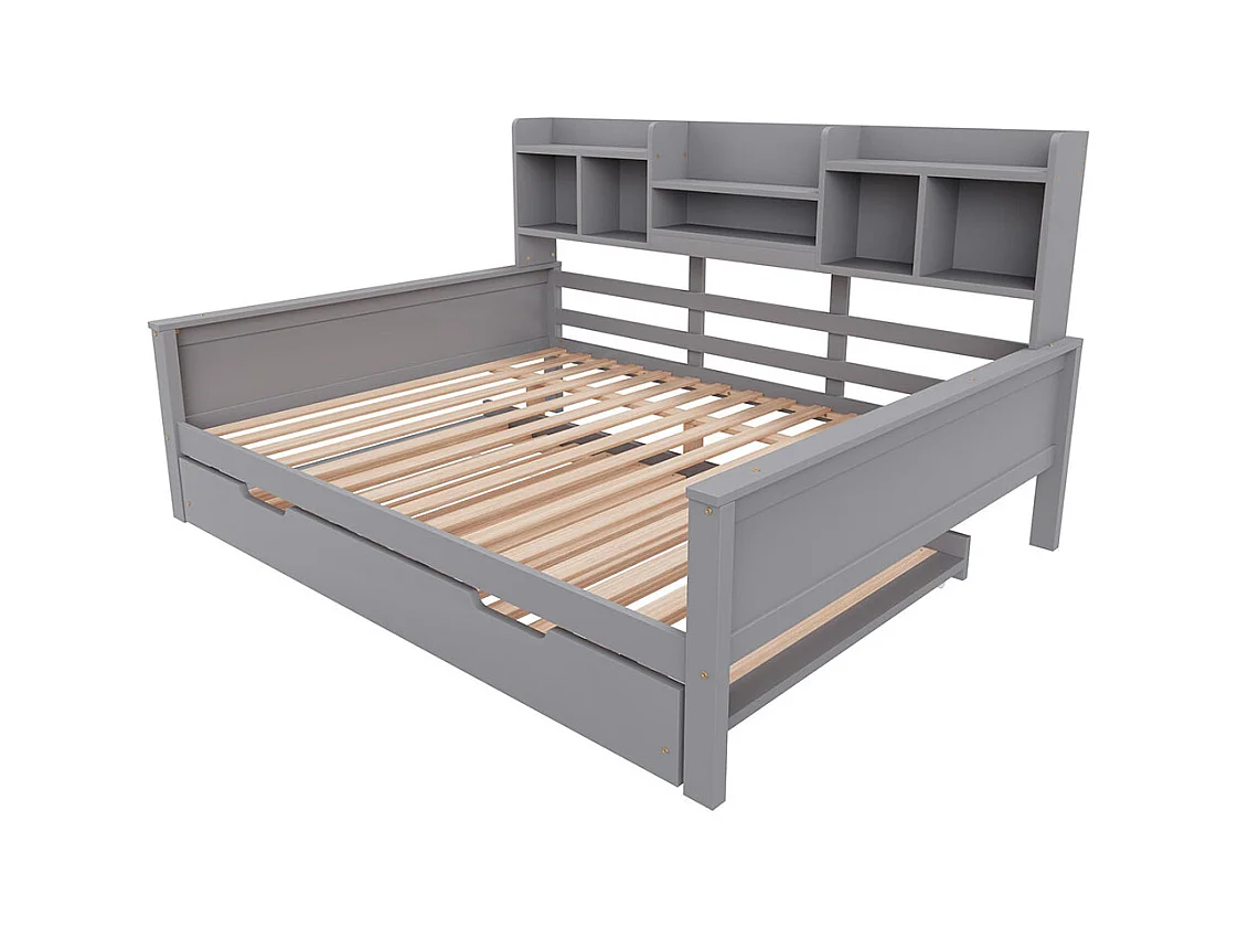 Lit combine extensible 140×200 en bois massif lit extensible 90×190 avec compartiment de rangement et sommier à lattes pin gris