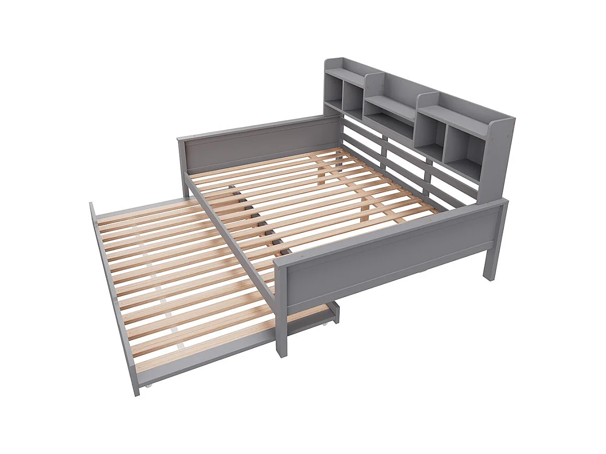 Lit combine extensible 140×200 en bois massif lit extensible 90×190 avec compartiment de rangement et sommier à lattes pin gris
