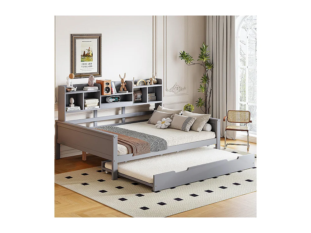 Lit combine extensible 140×200 en bois massif lit extensible 90×190 avec compartiment de rangement et sommier à lattes pin gris