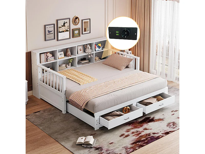 Lit combine extensible en bois massif 90/180x190 armoire de rangement avec prise de charge dans l'accoudoir avec 2 tiroirs et sommier à lattes lit en pin blanc