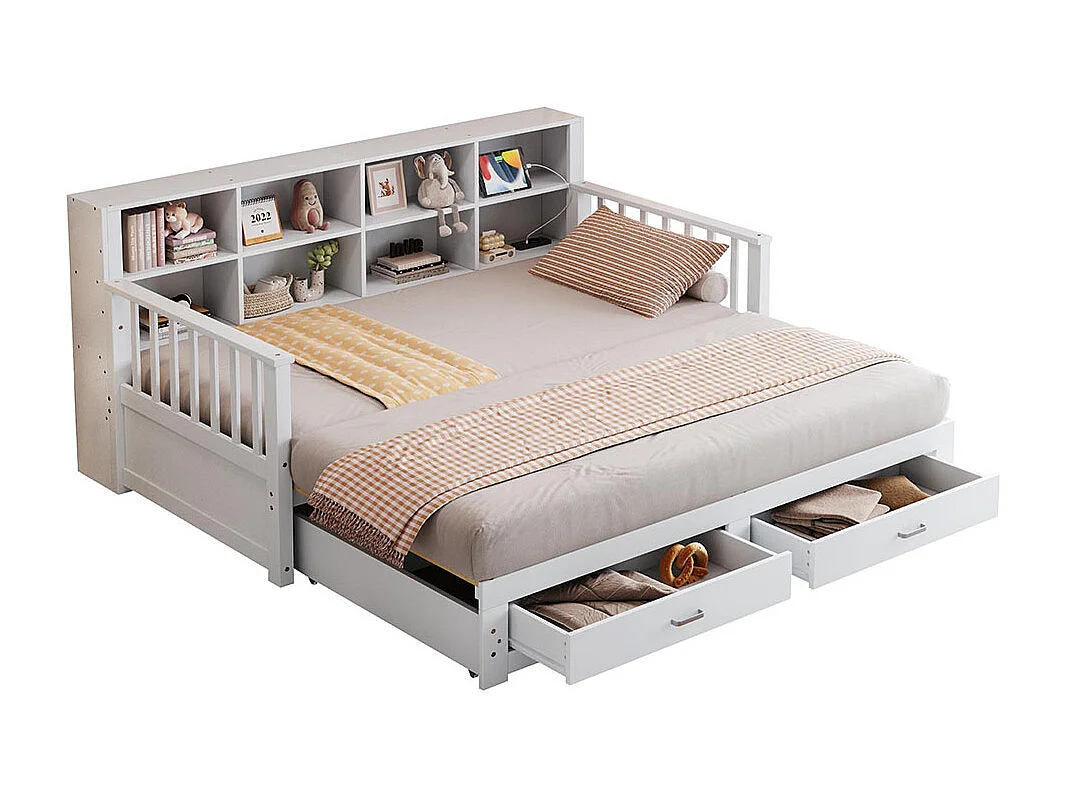 Lit combine extensible en bois massif 90/180x190 armoire de rangement avec prise de charge dans l'accoudoir avec 2 tiroirs et sommier à lattes lit en pin blanc