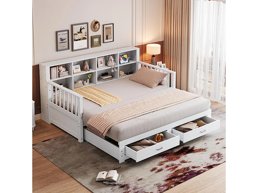 Lit combine extensible en bois massif 90/180x190 armoire de rangement avec prise de charge dans l'accoudoir avec 2 tiroirs et sommier à lattes lit en pin blanc