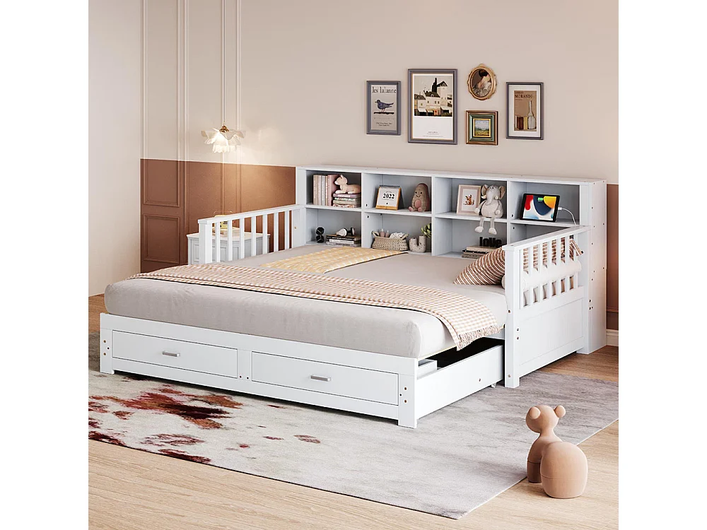 Lit combine extensible en bois massif 90/180x190 armoire de rangement avec prise de charge dans l'accoudoir avec 2 tiroirs et sommier à lattes lit en pin blanc