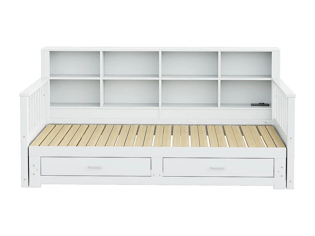 Lit combine extensible en bois massif 90/180x190 armoire de rangement avec prise de charge dans l'accoudoir avec 2 tiroirs et sommier à lattes lit en pin blanc