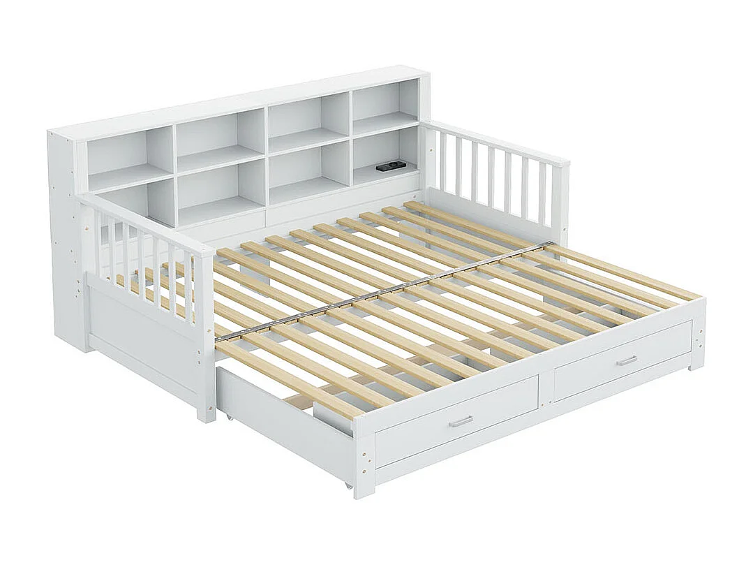 Lit combine extensible en bois massif 90/180x190 armoire de rangement avec prise de charge dans l'accoudoir avec 2 tiroirs et sommier à lattes lit en pin blanc