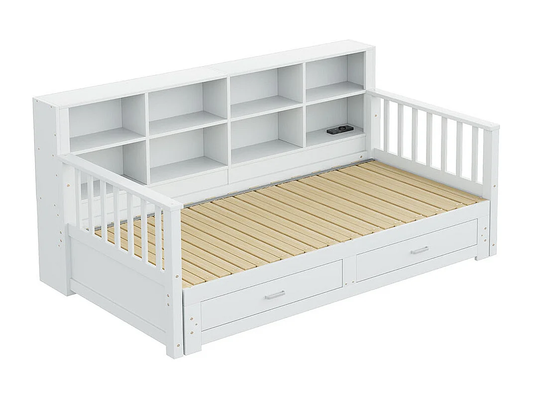 Lit combine extensible en bois massif 90/180x190 armoire de rangement avec prise de charge dans l'accoudoir avec 2 tiroirs et sommier à lattes lit en pin blanc