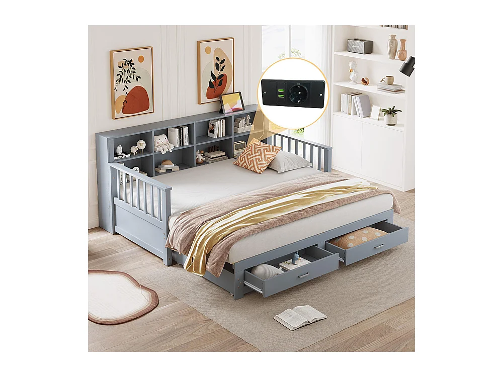 Lit combine extensible en bois massif 90/180x190 armoire de rangement avec prise de charge dans l'accoudoir avec 2 tiroirs et sommier à lattes lit en pin gris