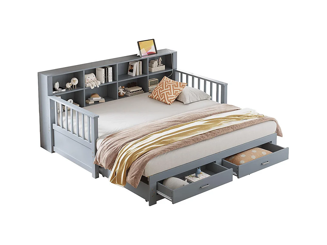 Lit combine extensible en bois massif 90/180x190 armoire de rangement avec prise de charge dans l'accoudoir avec 2 tiroirs et sommier à lattes lit en pin gris